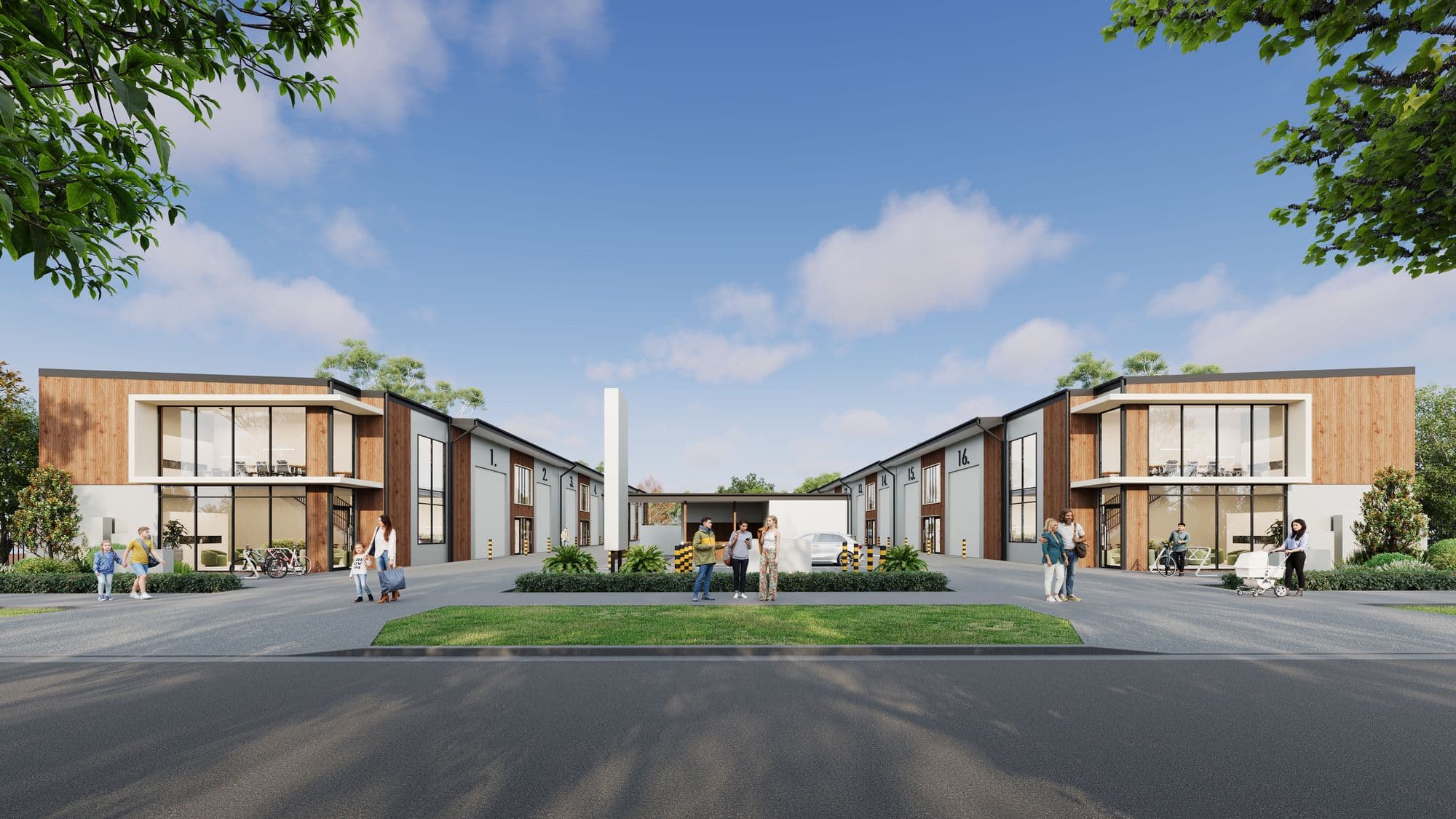 Artist impression of the Ellevation street front at Morayfield, with two-storey glazed offices and timber-batten cladding either side of the entry driveway